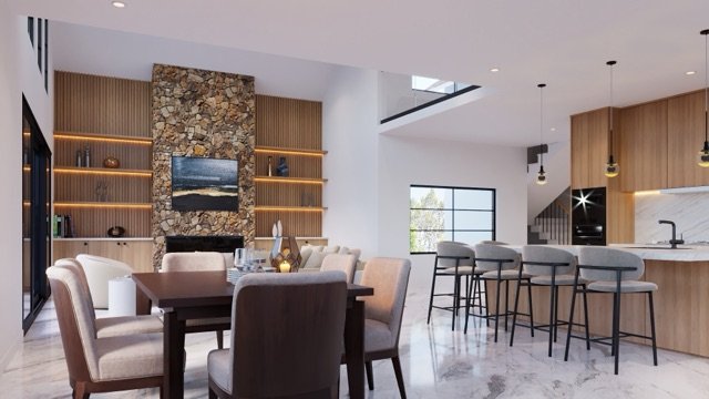 Dining area with stone hearth and kitchen beyond