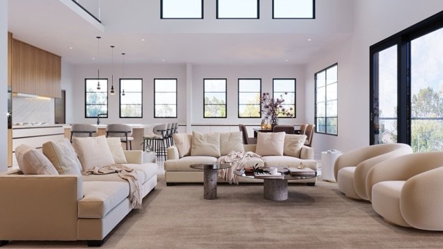 Great room with window wall and open kitchen beyond