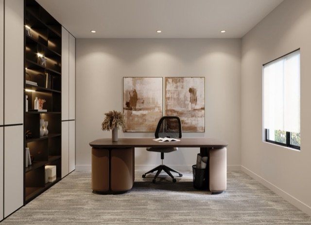 Study with desk and built-in shelving